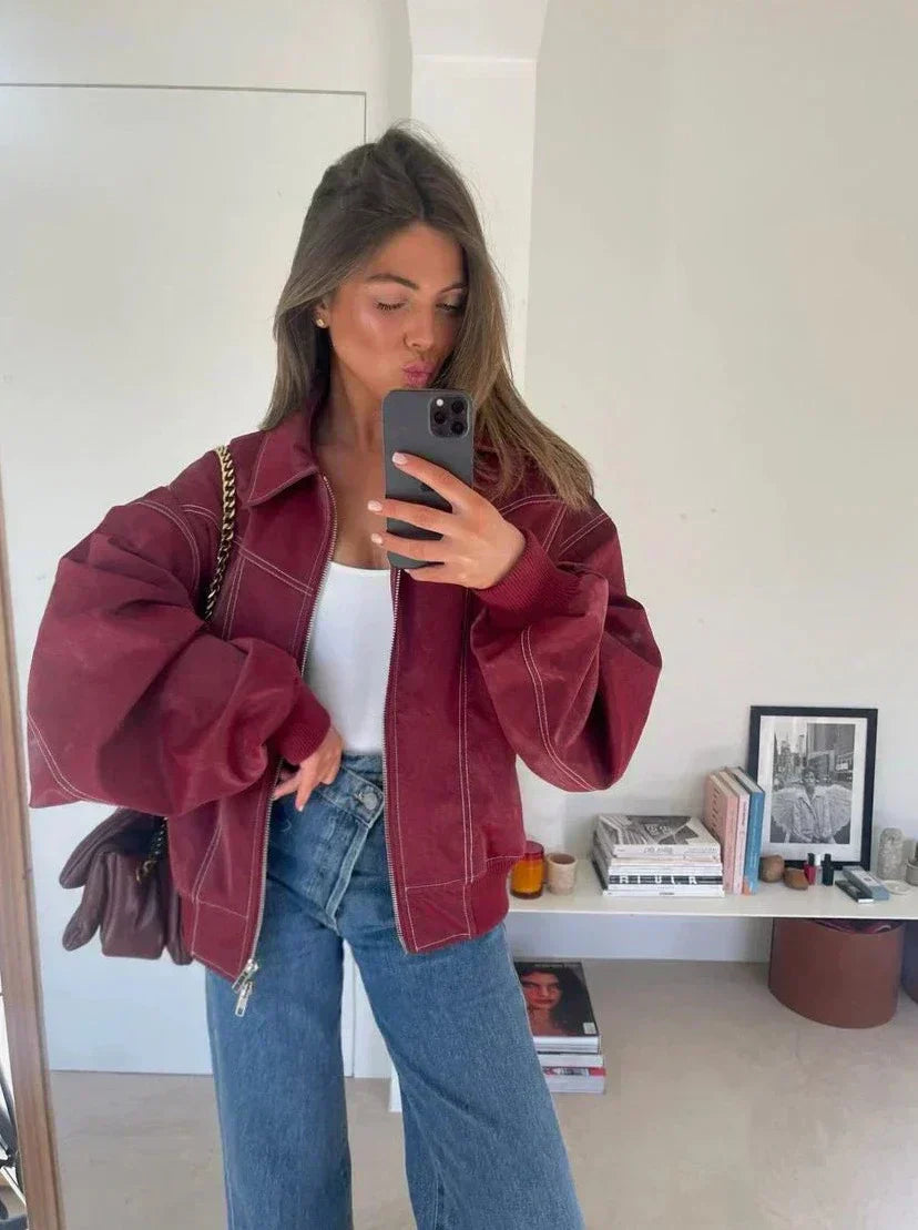 Oversize-Jacke mit Kontrastnähten in Rot