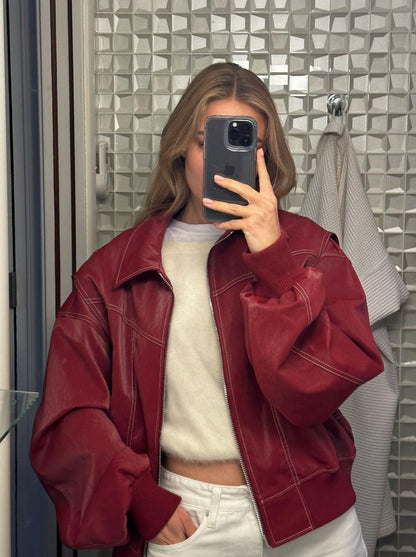 Oversize-Jacke mit Kontrastnähten in Rot