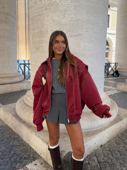 Oversize-Jacke mit Kontrastnähten in Rot